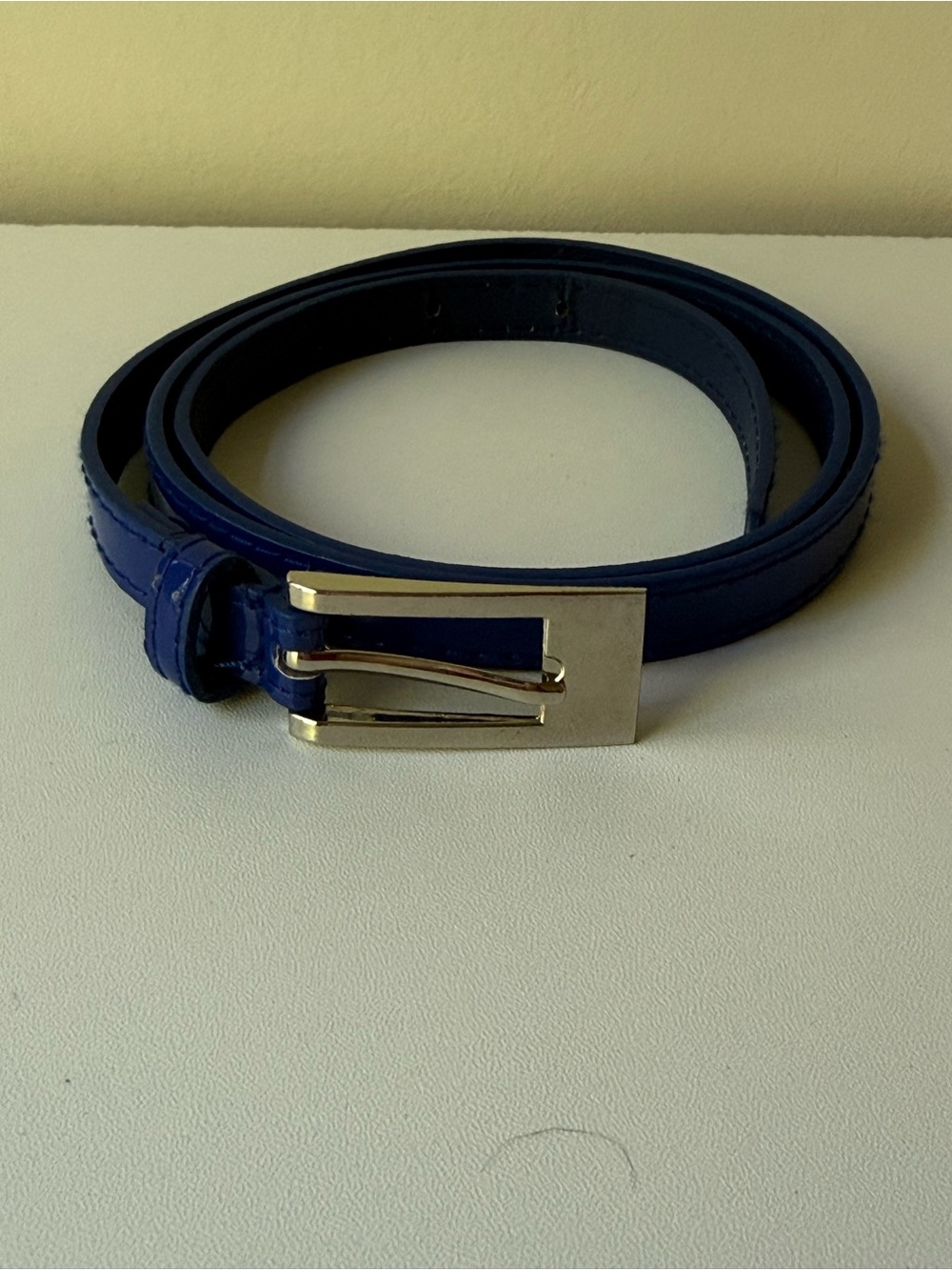 Women's Slim Navy Leather Belt with Silver Buckle